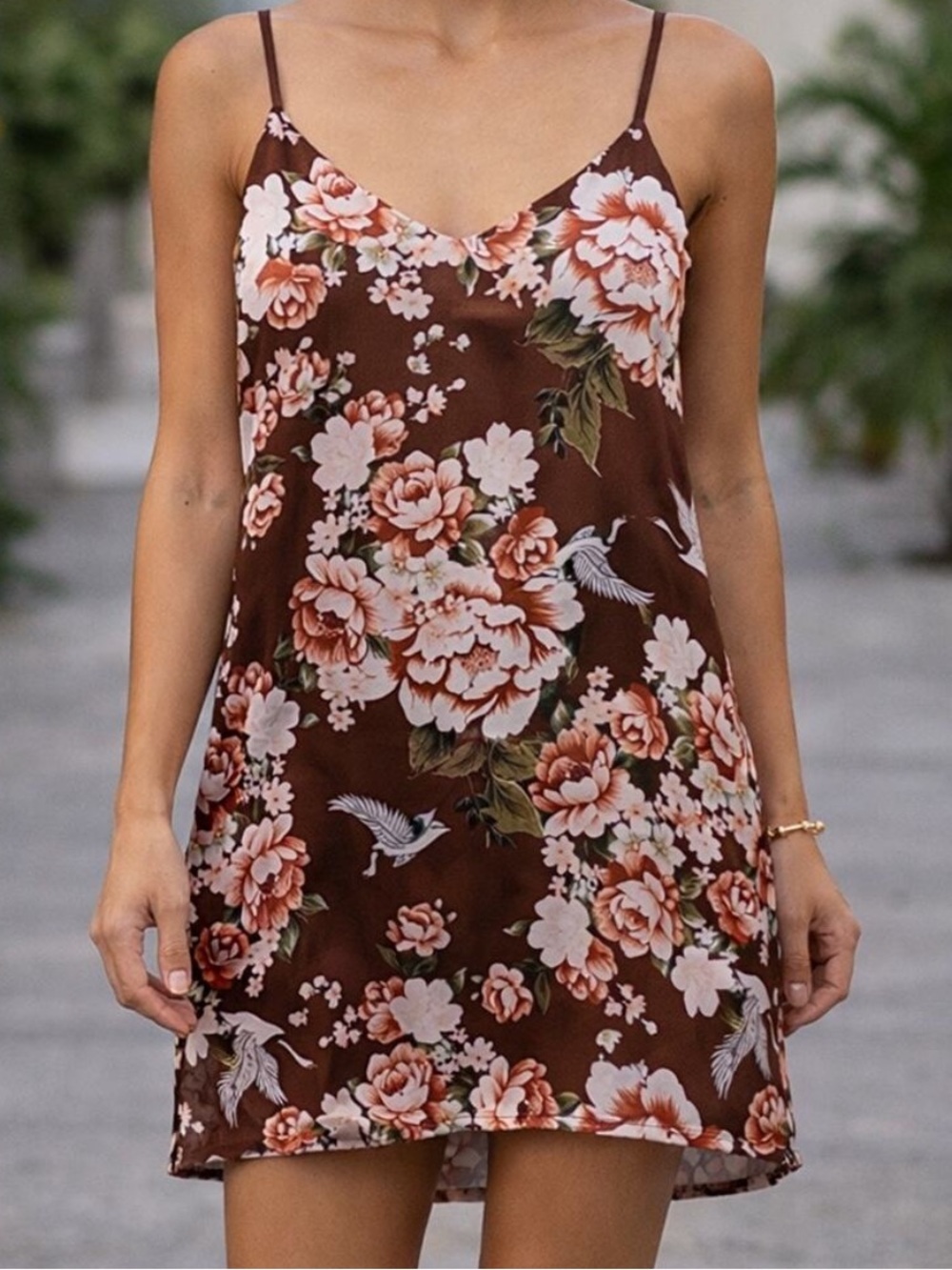 Honey Belle Brown Satin Floral Slip Dress Mini Adjustable Strap Sz M